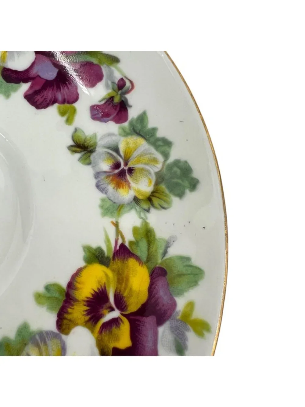 Crown Staffordshire England Purple Yellow Pansies Gold Trimmed F15069